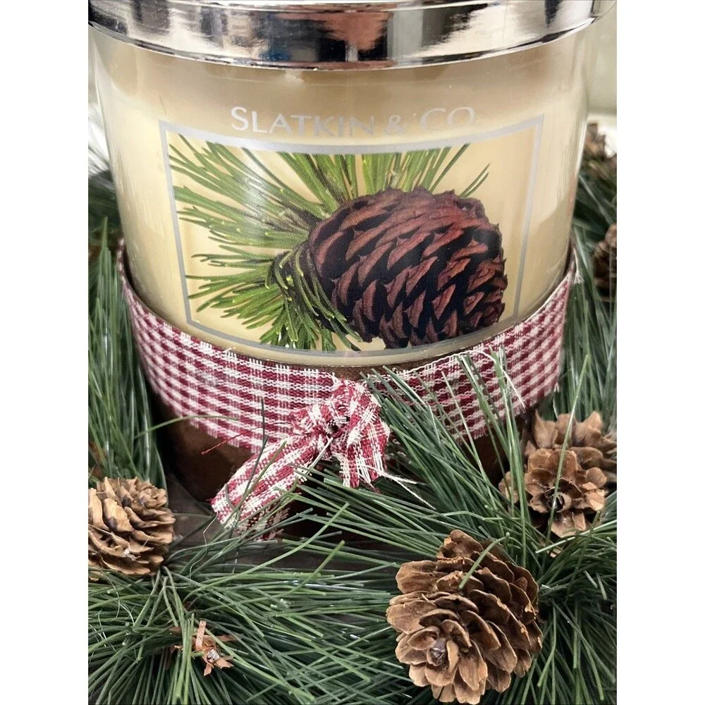 Slatkin & Co Pine Candle Table Decor Candle 4x4” Plate 9x9” Holiday Christmas